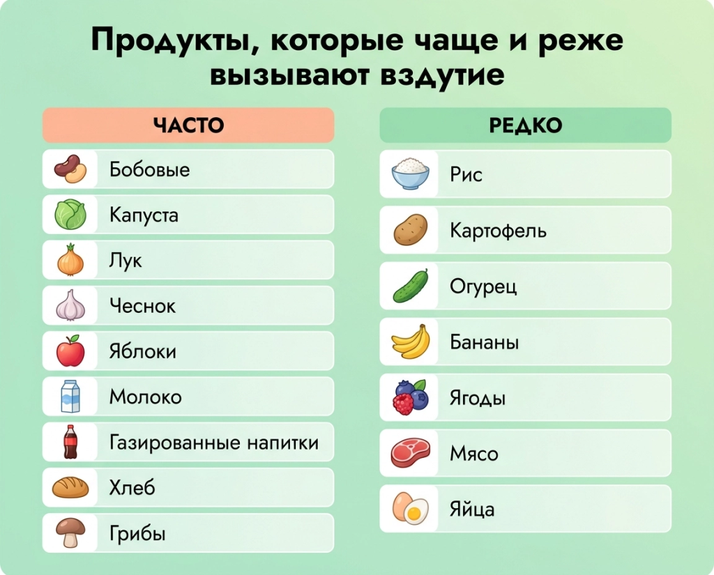 Продукты, которые чаще и реже вызывают вздутие
