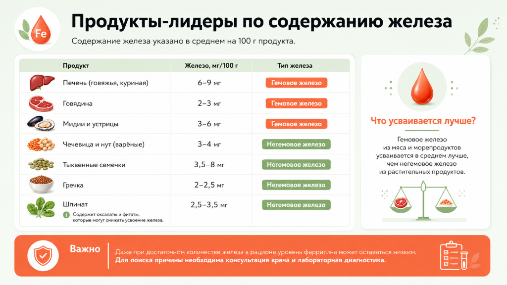 продукты лидеры по содержанию железа